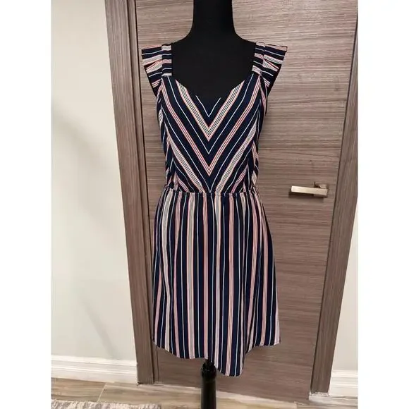 Monteau Los Angeles Women’s Dress M Navy Blue White Pink Striped Sleeveless - Picture 1 of 8